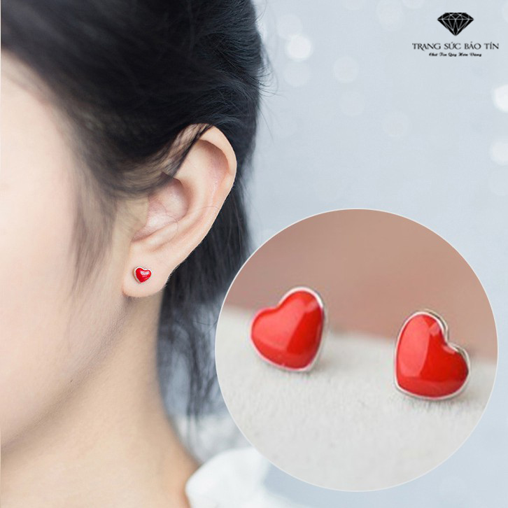 Bông tai, bông tai nữ, bông tai bạc nữ, bông tai nữ kiểu đẹp, bông tai nữ trái tim đỏ chất liệu bạc ta cao cấp - trang sức bảo tín
