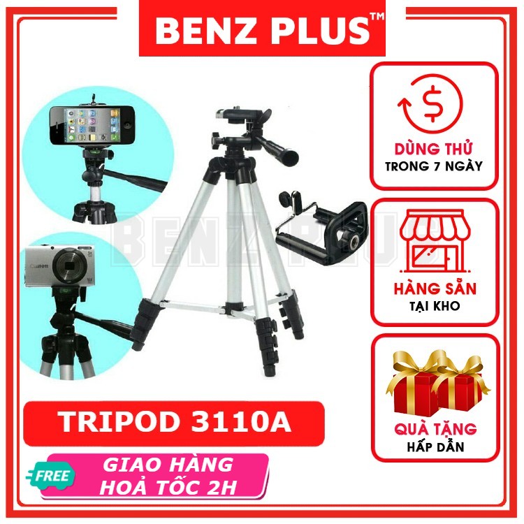 Giá đỡ điện thoại 3 chân Tripod 3110A, kẹp điện thoại quay video, livestream có kẹp, thước cân bằng tặng kẹp điện thoại