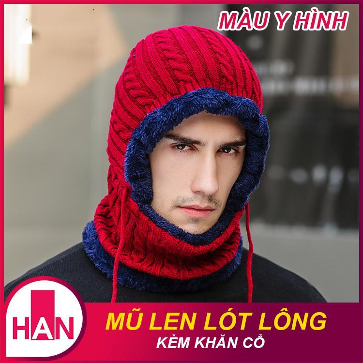 Mũ len nam kèm khăn lót nỉ trùm cổ trùm tai siêu ấm - Nón len nam phong cách Hàn Quốc đẹp - Non mu len nam nu lot ni dep Han Quoc