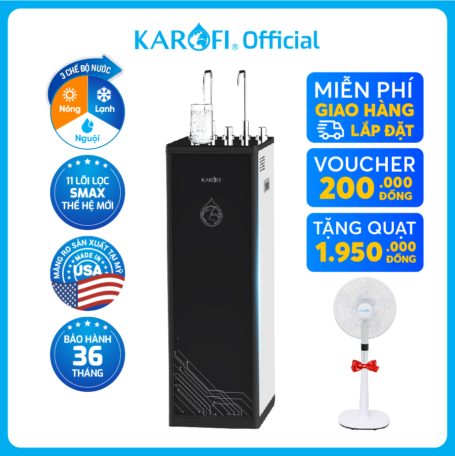 Máy lọc nước nóng lạnh, 11 lõi lọc nước chính hãng Karofi KAD-D66, màng lọc RO chuẩn Mỹ 100GPD