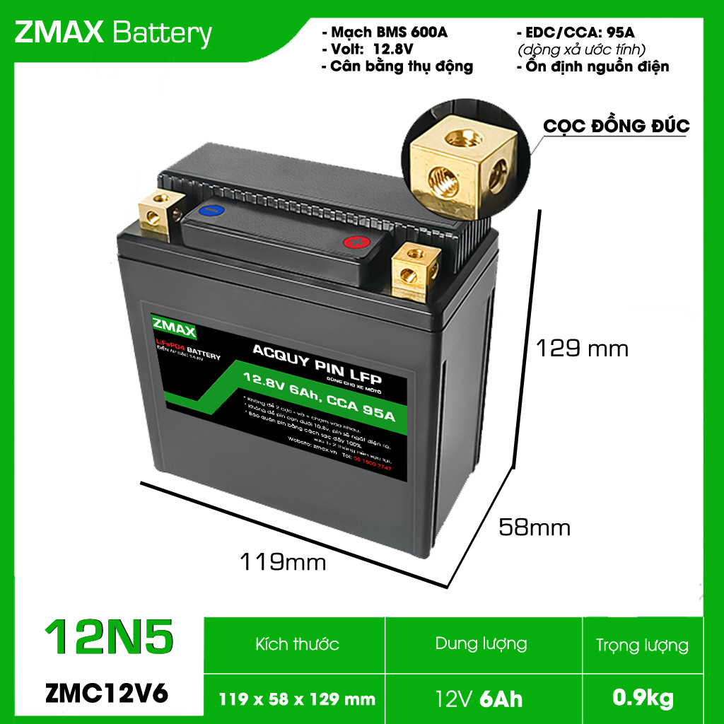 Zmax Lithium Lifepo4 Battery 12V 6Ah, Zm12V6-12N5 for Motorcycles Giá 588,000 Đồng*Miễn phí vận chuyển