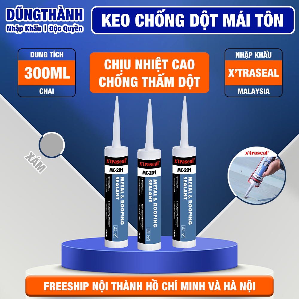 Keo Chống Thấm Keo Chống Dột Mái Tôn Trám Khe Đinh Ốc Keo Malaysia Xtraseal MC-201 chịu nhiệt cao dạng sệt đóng rắn bề mặt Màu Xám 300ml