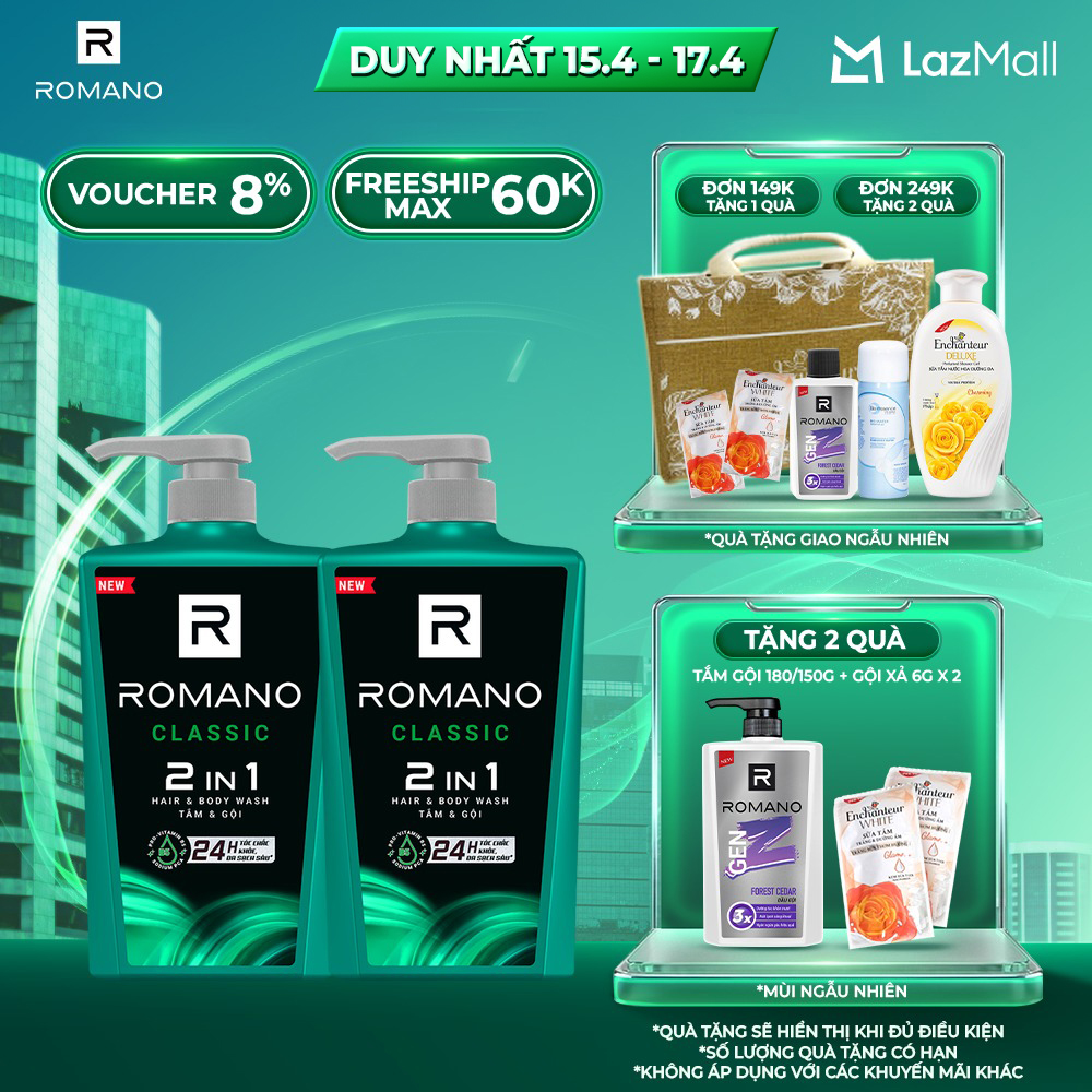 Combo Tắm gội 2 trong 1 Romano 2in1 650g/chai