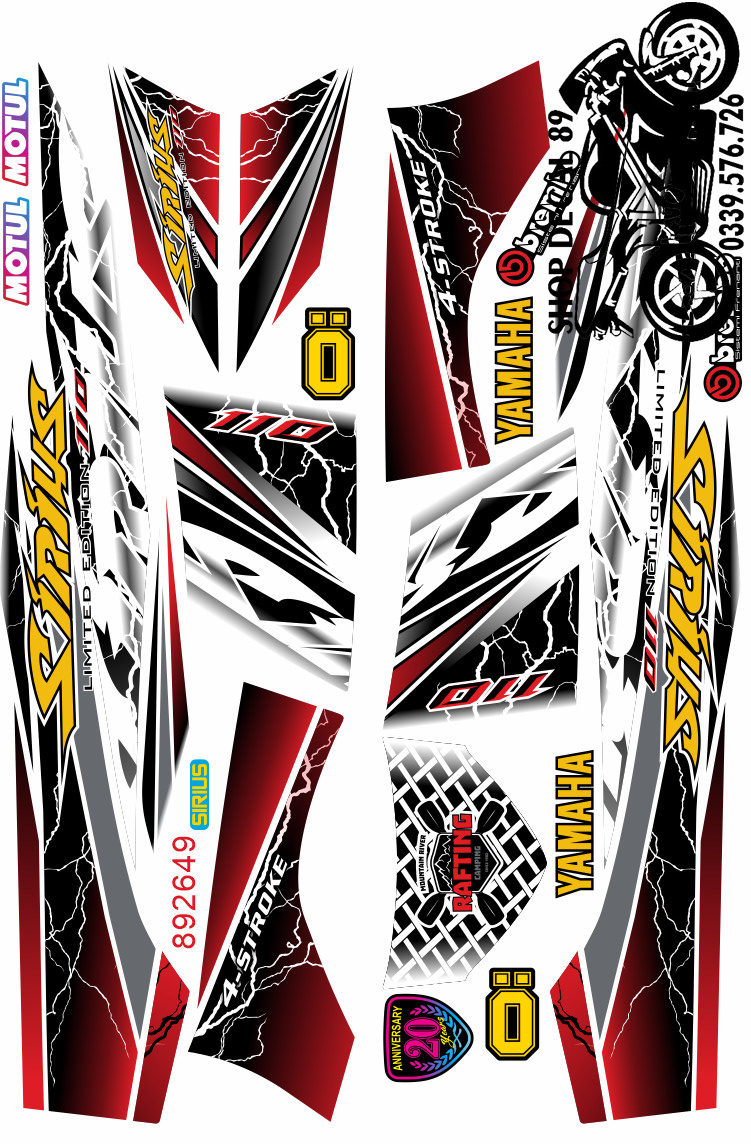 Tem Rời Sirius 50 & 110 Xăng Cơ MS 892649 ĐỎ TRẮNG XÁM - Tem 3 lớp cao cấp - Tem Chế Sirius