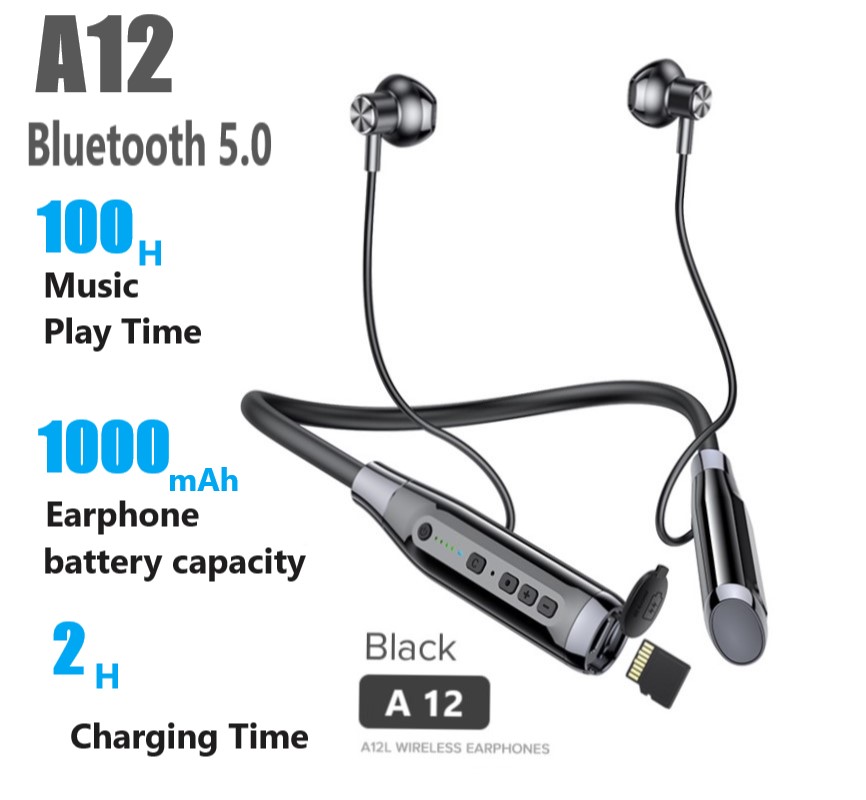 Tai Nghe Bluetooth Cao Cấp A12, Pin 1000mAh, Nghe Nhạc liên tục 100h.Bluetooth 5.0, Âm thanh Vòm 9D, Micro đàm thoại tốt, Tai Nghe Bluetooth Thể thao Không dây Chống Thấm mồ Hôi chống Thấm Nước Tốt.
