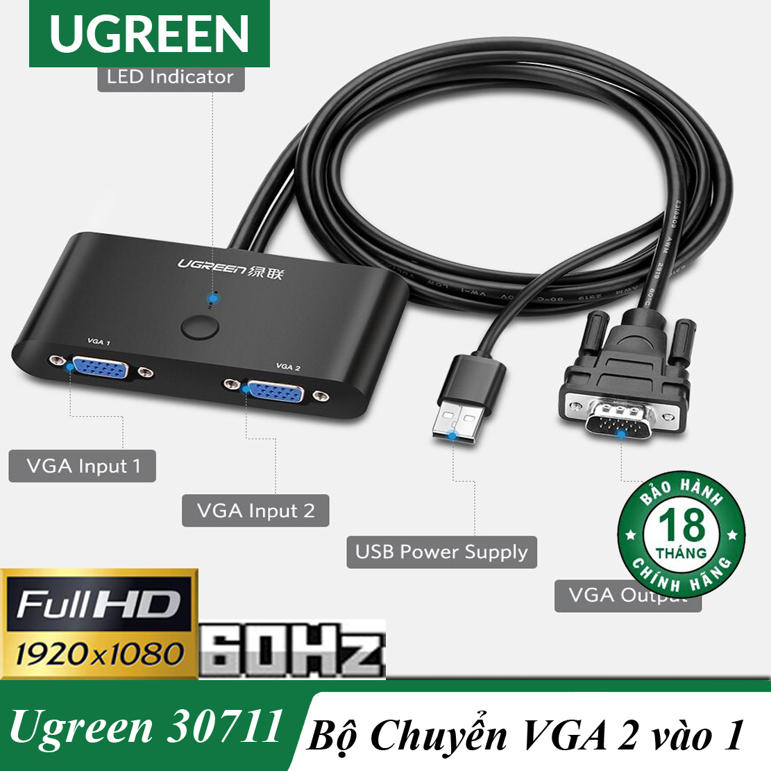 Bộ chuyển mạch vga 2 vào 1 ra ugreen 30711 chính hãng