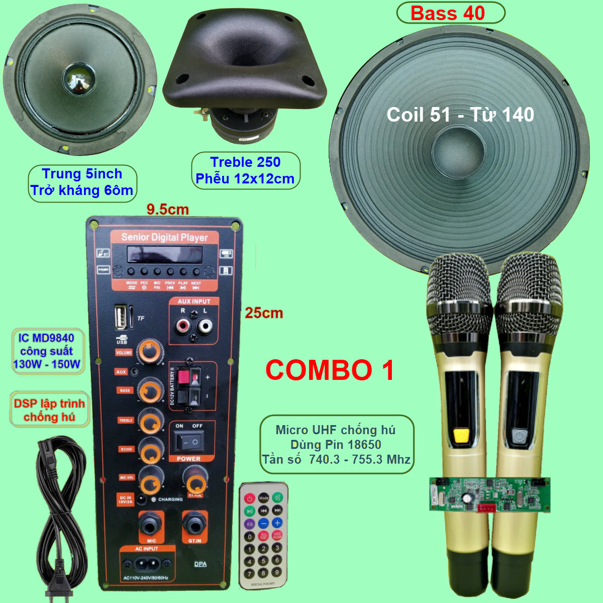 Mạch loa kéo 4 tấc đơn 3 đường tiếng DSP lập trình chống hú IC MD9840 9525 công suất 130W – 150W có nguồn xung 220V