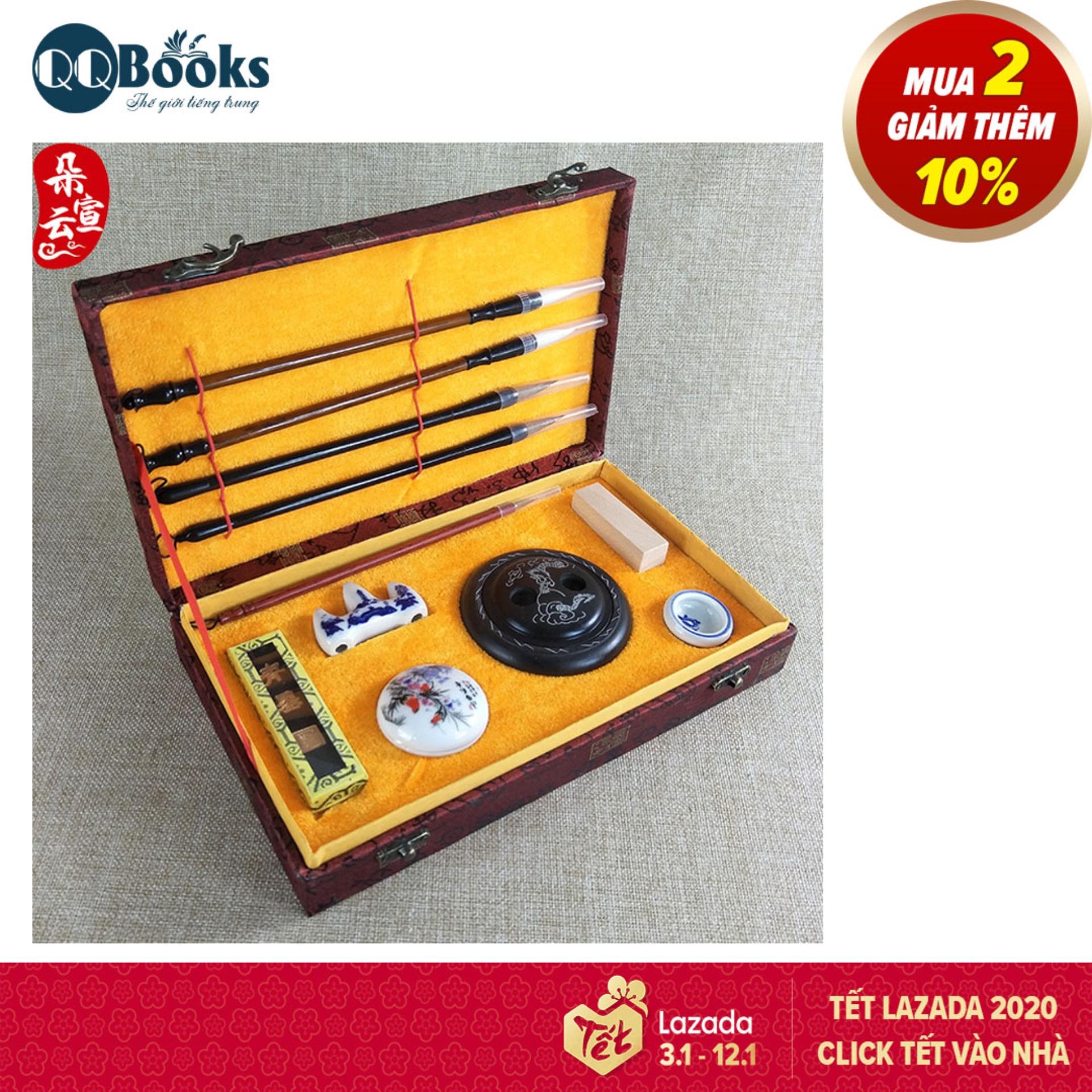 Văn Phòng Tứ Bảo Cao Cấp Luyện Viết Thư Pháp Gấm Đỏ gồm Bút lông, mực mài, nghiên mực, chu sa + Tặng Kèm Vải Ma Thuật 50k