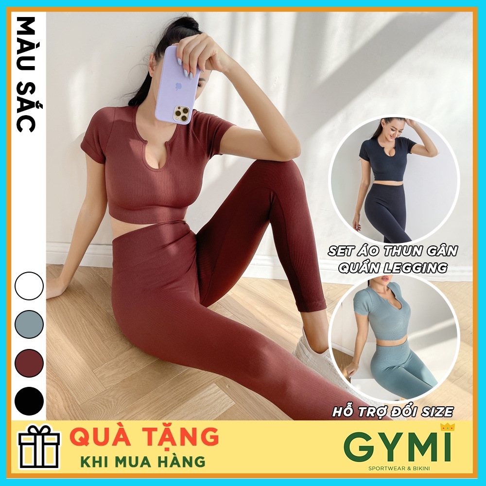 Set bộ đồ tập gym yoga nữ GYMI SET15 gồm áo croptop ngắn tay và quần legging dài thể thao chất dệt thun gân cao cấp