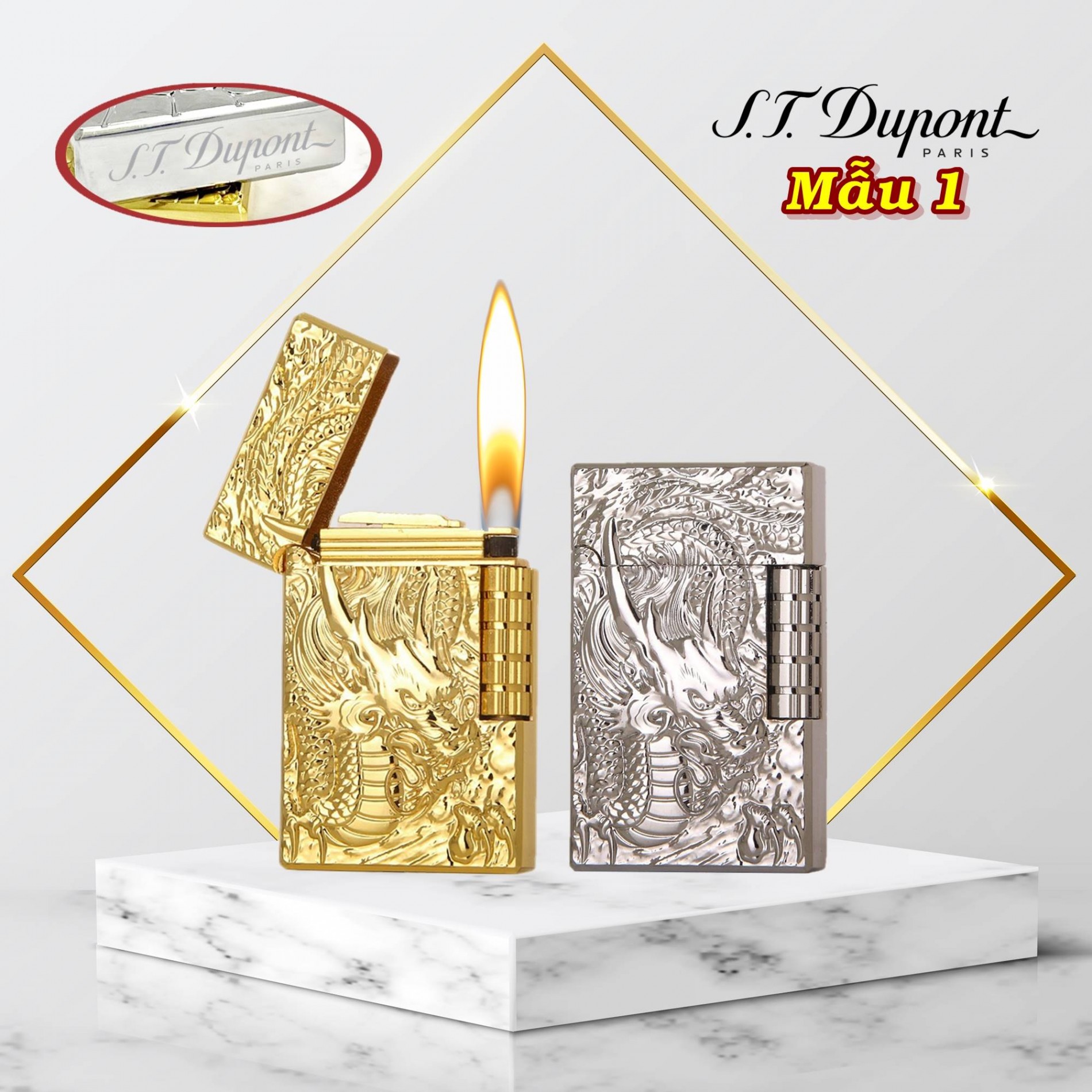 Họp quẹt - bật lửa dupont ga đá hình rồng dập nổi 2 mặt