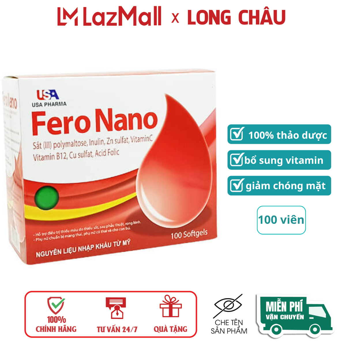 Viên uống Fero Nano giúp bổ sung Sắt, Acid, tăng đề kháng - hộp 100 viên