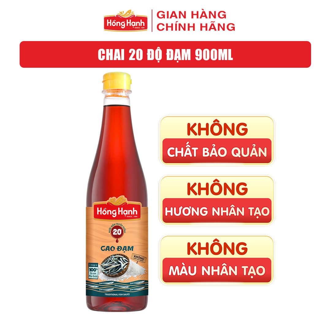 Nước mắm truyền thống Phú Quốc Hồng Hạnh Cao Đạm 20 độ đạm, dung tích 900 ML - Nêm ướp đậm đà