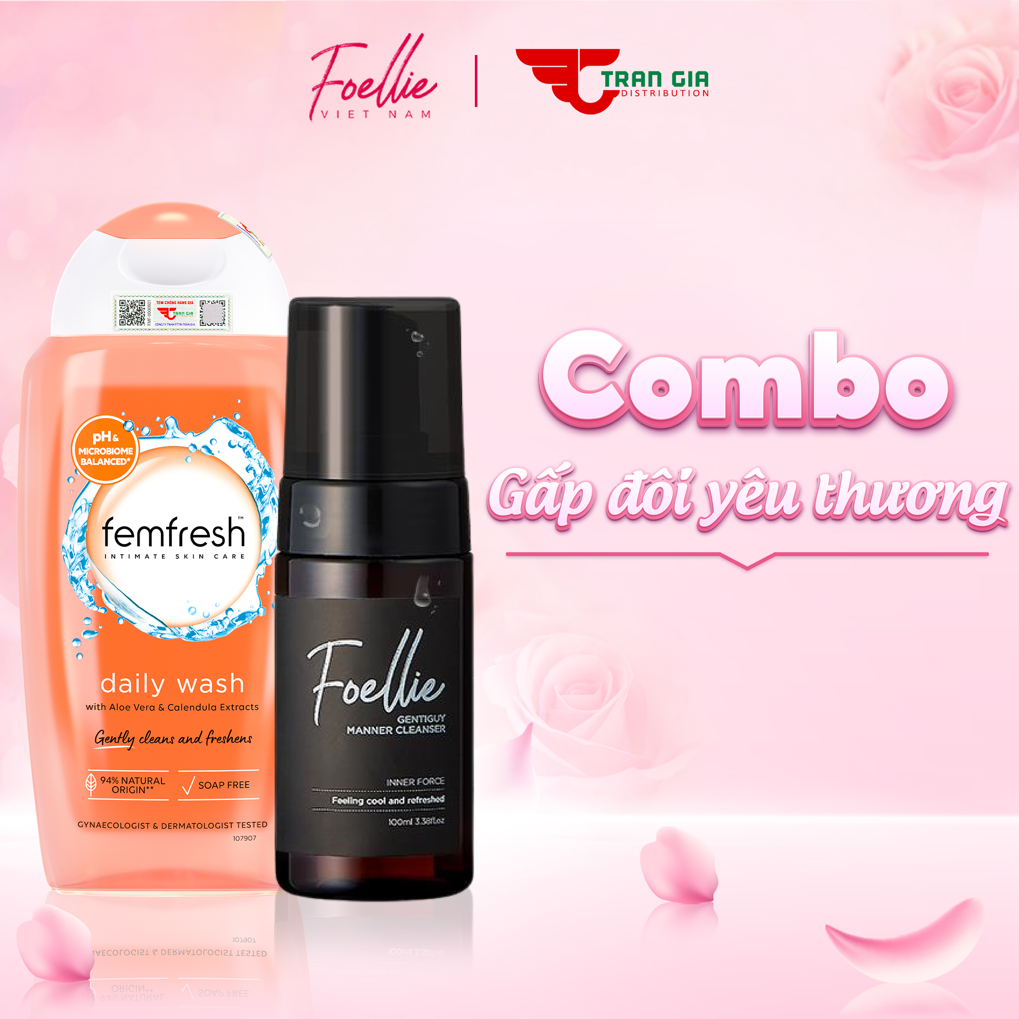 Combo gấp đôi yêu thương dung dịch vệ sinh nam foellie 100ml + dung dịch vệ sinh phụ nữ femfresh 250ml