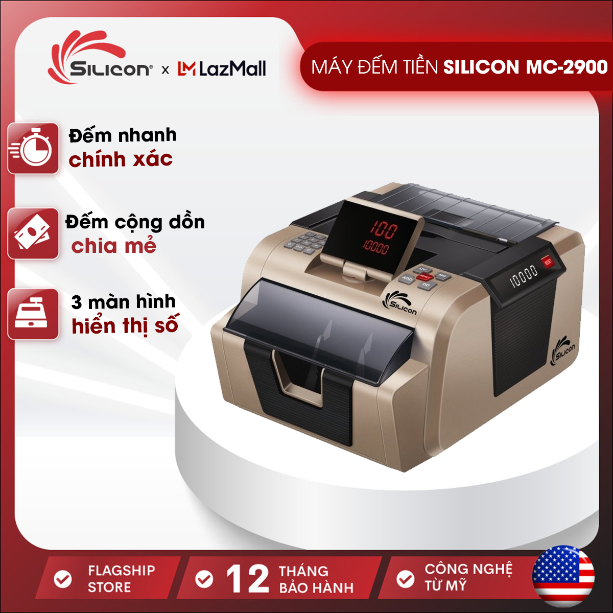 Máy đếm tiền tự động nhập khẩu chính hãng Silicon MC-2900 ( 1000 tờ/phút, đếm tiền giấy và polime,VNĐ,ngoại tệ - Bảo hành 1 năm