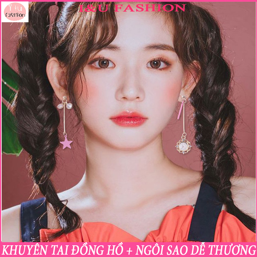 Khuyên tai Bông tai bất đối xứng Đồng hồ và Ngôi sao màu hồng có gắn đá dáng dài nữ tính dễ thương cho nữ KT-56