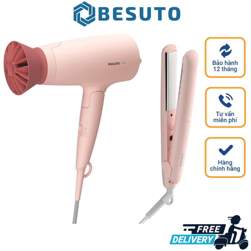 Máy sấy tóc và ép tóc philips bhp398/00, máy tạo kiểu tóc, màu hồng, máy sấy tóc có công suất 1600w, nhiều tùy chọn nhiệt độ và kiểu dáng, máy ép tóc tạo kiểu bằng nhiệt độ và áp lực nhẹ, nhập đức, bảo hành 12 tháng