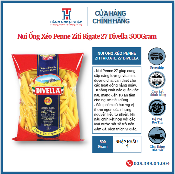 [HCM]NUI ỐNG XÉO PENNE ZITI RIGATE 27 DIVELLA 500G