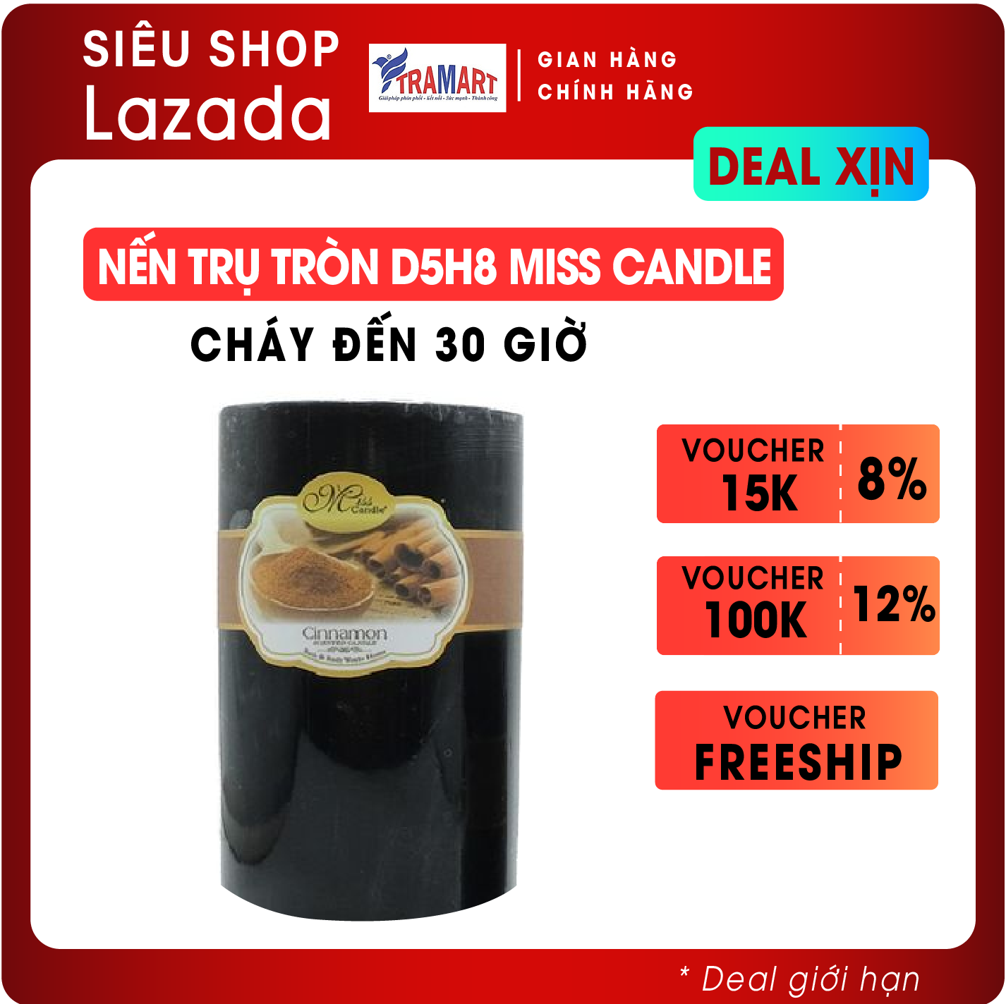 Nến thơm trụ tròn D5H8 Miss Candle FTRAMART EDC0511 5 x 8 cm (Đen,  hương Quế)