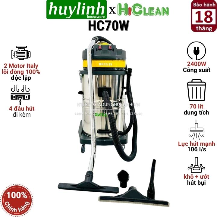 Máy hút bụi công nghiệp khô và ướt hiclean hc70w - 70 lít - 2400w - 2 motor lõi đồng độc lập