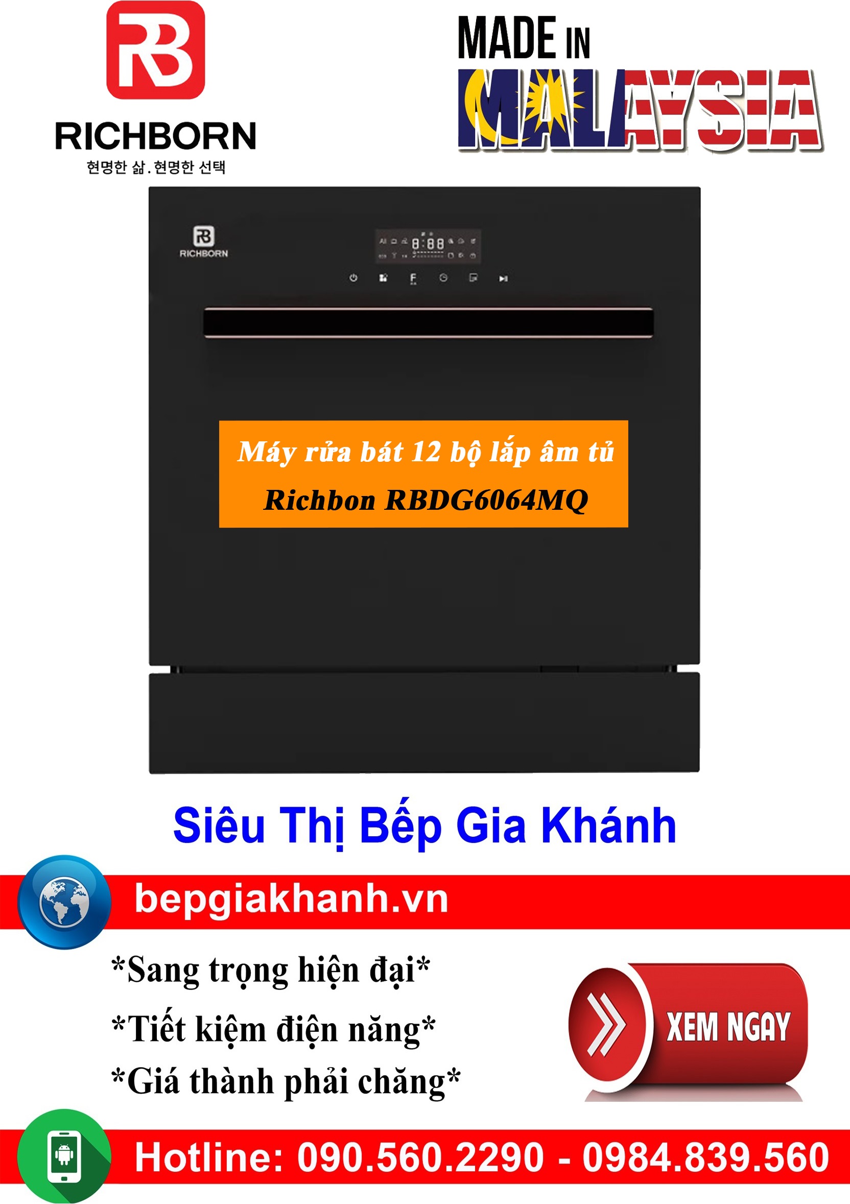 Máy rửa bát 12 bộ Richborn RBDG6064MQ nhập khẩu Malaysia, máy rửa chén, máy rửa chén bát, máy rửa bát, máy rửa bát giá rẻ, may rua bat, may rua chen, may rua bat gia re