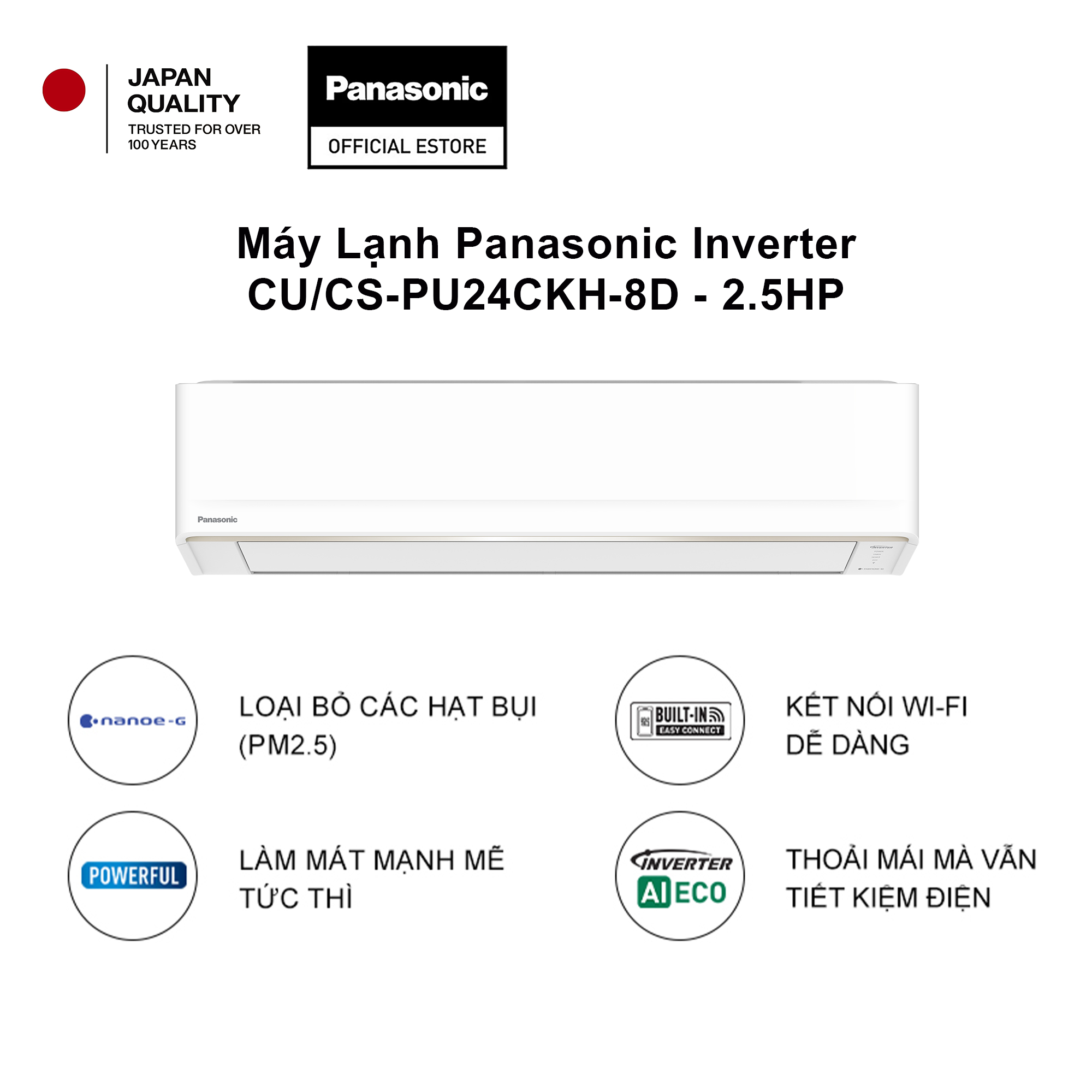 Máy Lạnh Panasonic Inverter CU/CS-PU24CKH-8D - 2.5HP - Một chiều - Lọc bụi nanoeG - Wifi