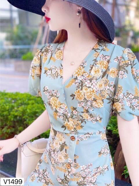 Đầm nữ body phối bèo nhún eo cổ chữ v họa tiết hoa văn siêu xinh main