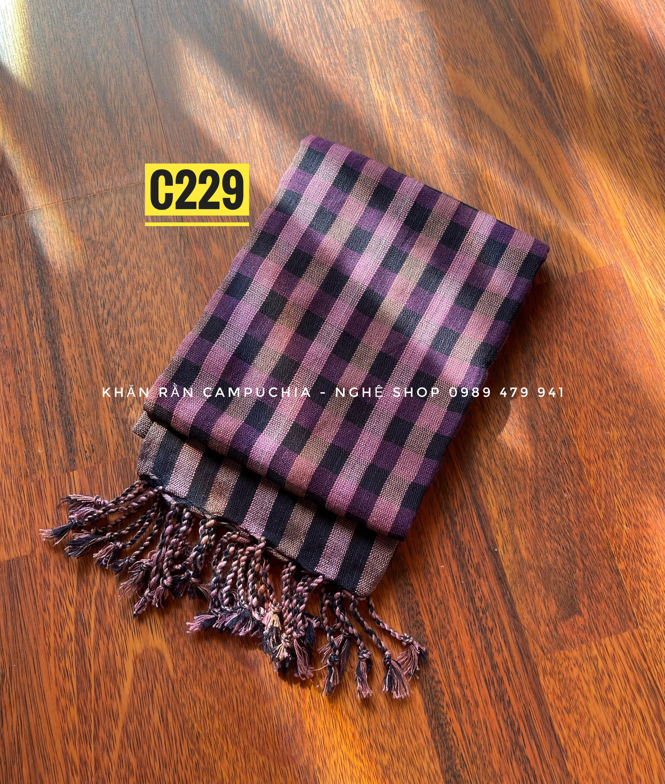 Khăn Rằn Campuchia/ Khăn Rằn Krama tông màu tím chất cotton mềm mịn size 1m7x0.6m