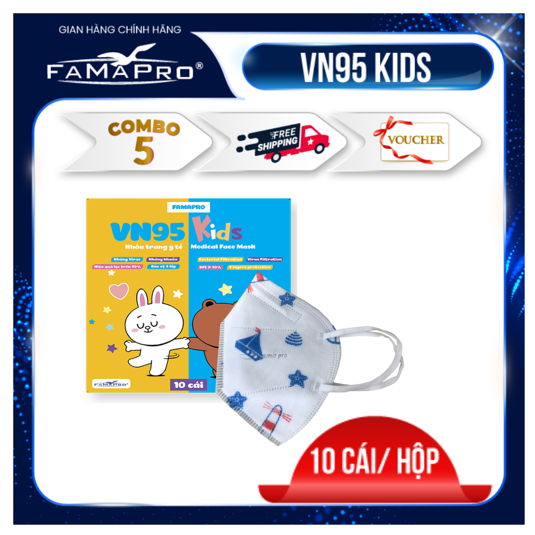 Combo 5 hộp khẩu trang VN95 KIDS Famapro 4 lớp kháng khuẩn
