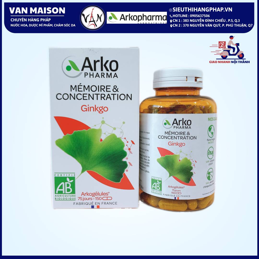 Viên uống bổ não, tăng cường trí nhớ arkopharma arkogélules bio ginkgo 150 viên