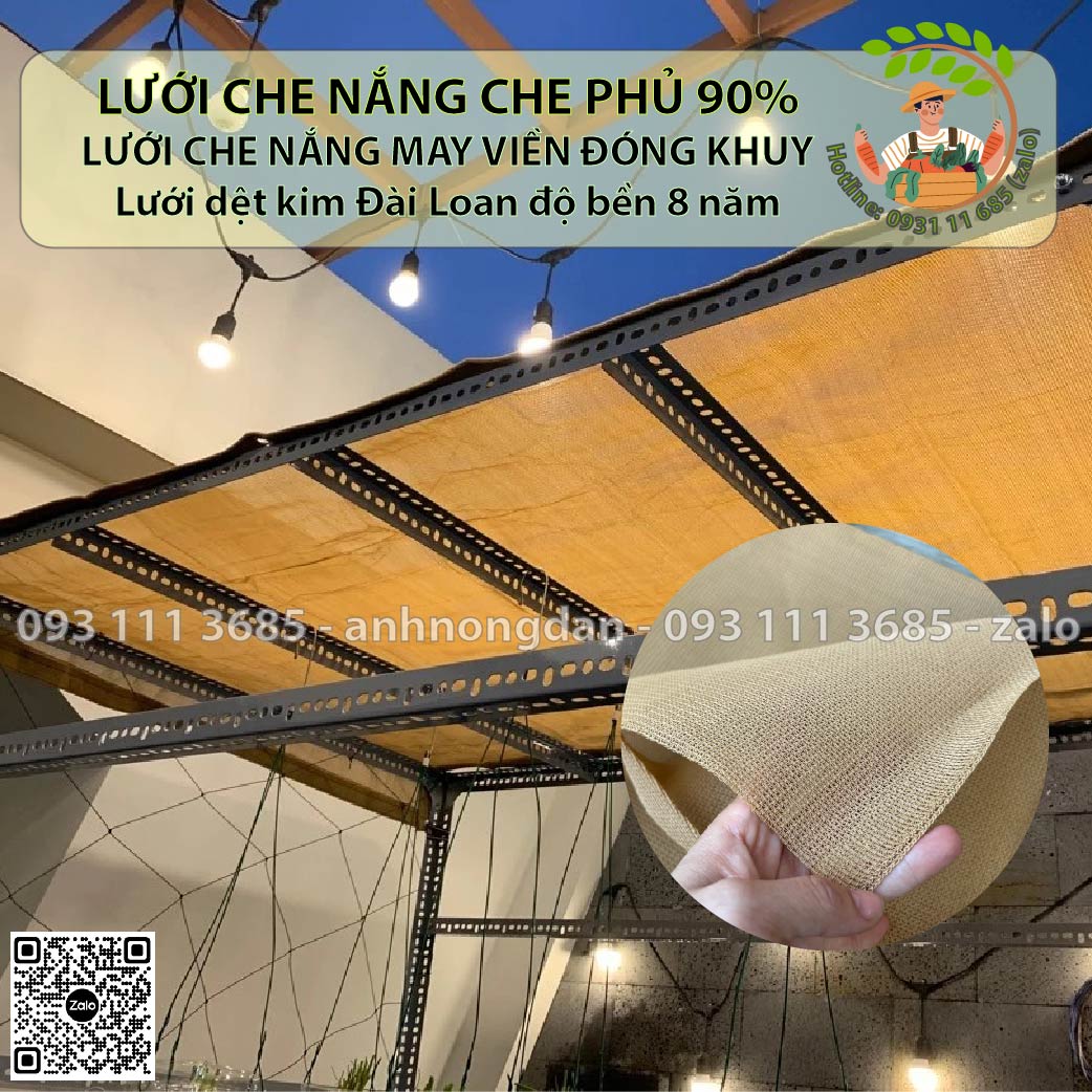 Lưới che nắng loại dầy 90% may viền đóng khoen sẵn - Ngang 2m + May dài theo yêu cầu - Lưới che nắng Đài Loan độ bền trên 8 năm