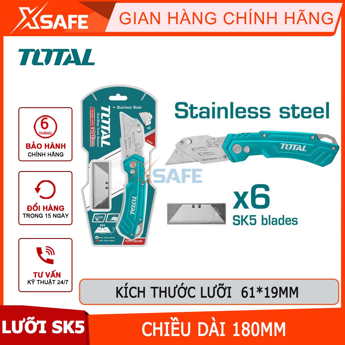 Dao rọc xếp 180mm total tht5136288, dao cắt giấy kích thước lưỡi 61x19mm, lưỡi dao sk5, kèm 6 lưỡi cắt dán giấy, các loại hộp