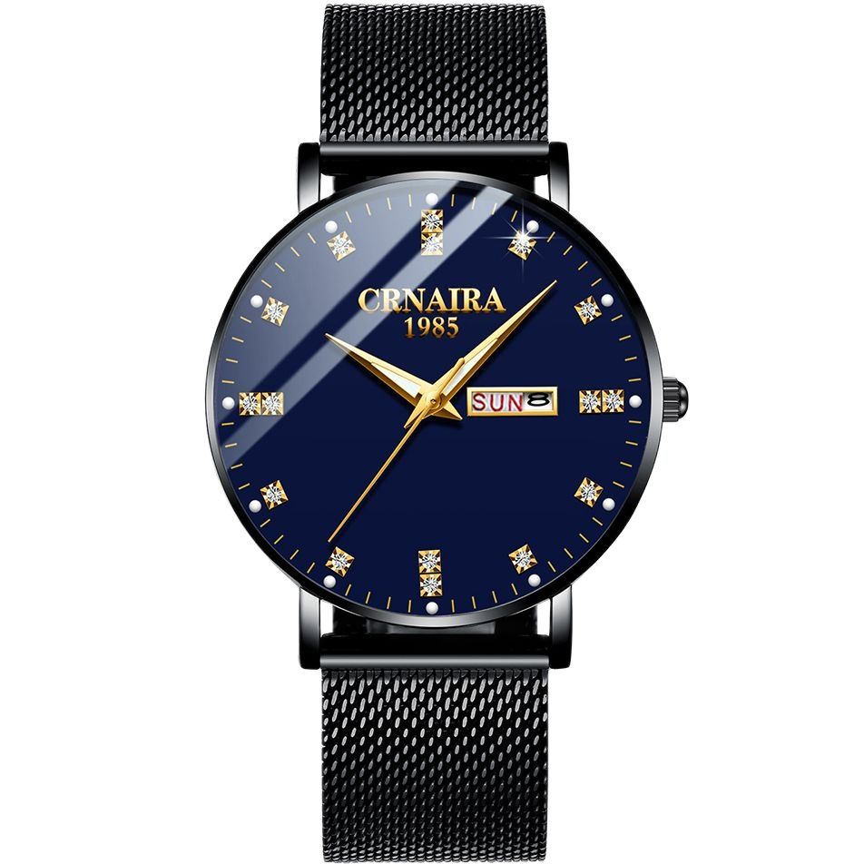 Đồng Hồ Nam CRNAIRA CR0288 chạy 2 lịch mặt đính đá sang trọng chống nước 3ATM Dây Thép Mành Cao Cấp