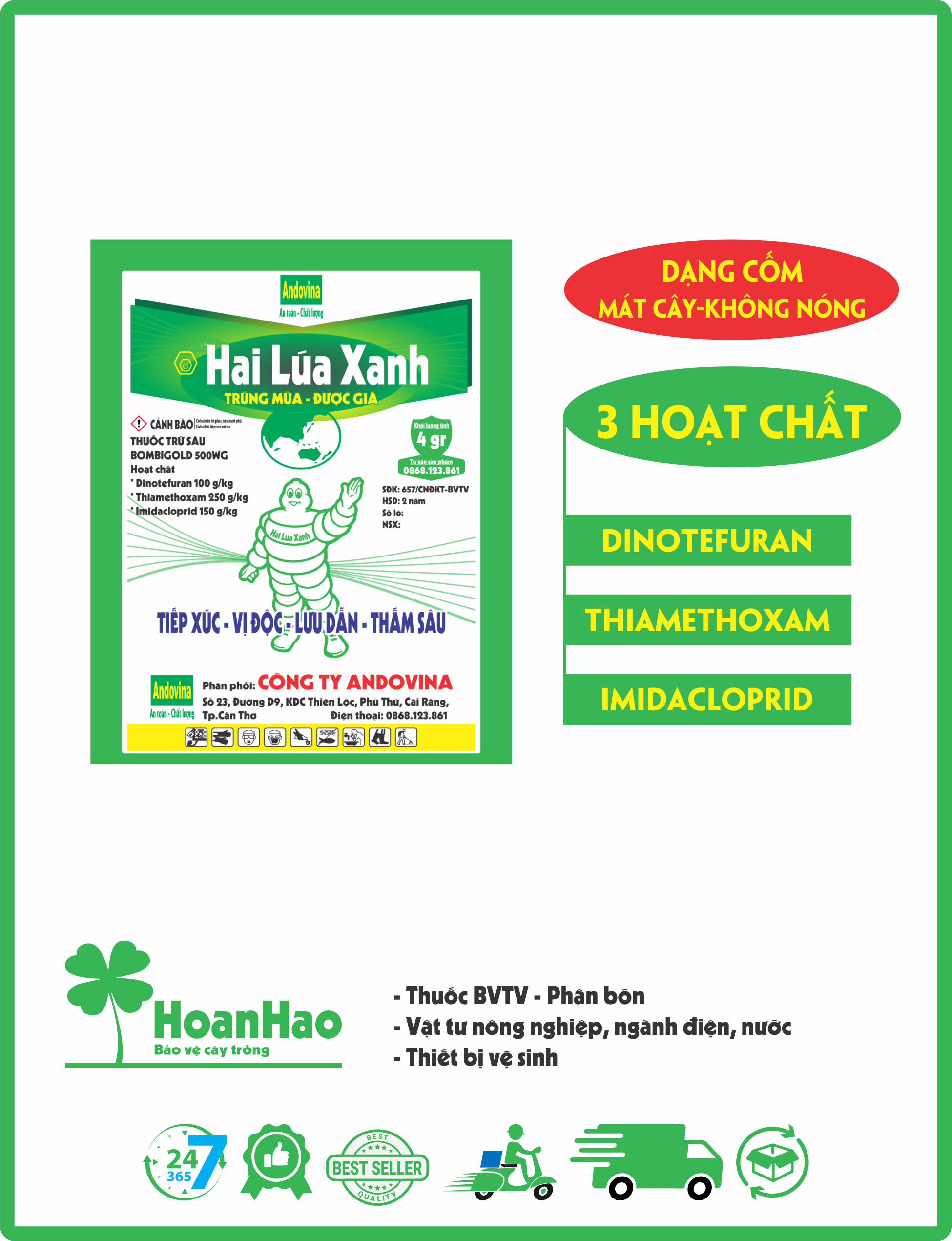 HAI LÚA XANH 4gr  - Thuốc trừ sâu rầy: Bọ trĩ, rầy xanh, rầy phấn trắng, ngâu, ruồi vàng, sâu đất, sâu vẽ bùa, sâu ăn bông