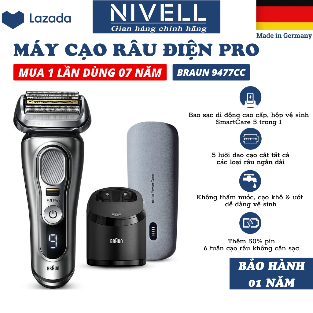 Máy cạo râu nam chính hãng đa năng Braun Series 9 Pro 9477CC, máy cạo râu điện Nhật Bản 5 lưỡi, electric shaver for men cạo khô và ướt, máy cạo râu mini sản xuất tại Đức có hộp vệ sinh tự động và bao đựng sạc di động - NIVELL