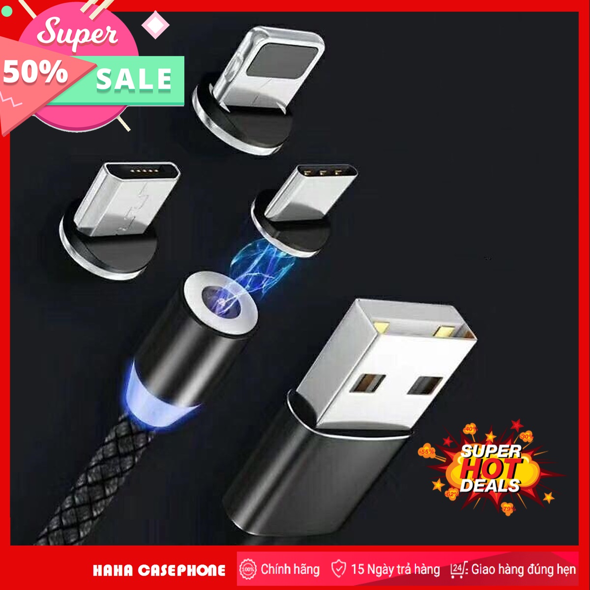 Cáp sạc từ hít nam châm 3 đầu xoay 360 độ- dây dù - bảo hành 1 tháng