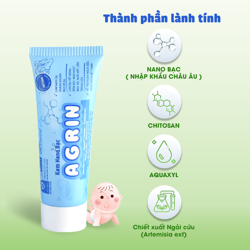 Kem em bé Nano Bạc Agrin - Dưỡng ẩm, làm dịu vết rôm sảy, hăm tã, chàm sữa, vết muỗi, côn trùng cắn - Tuýp 25g