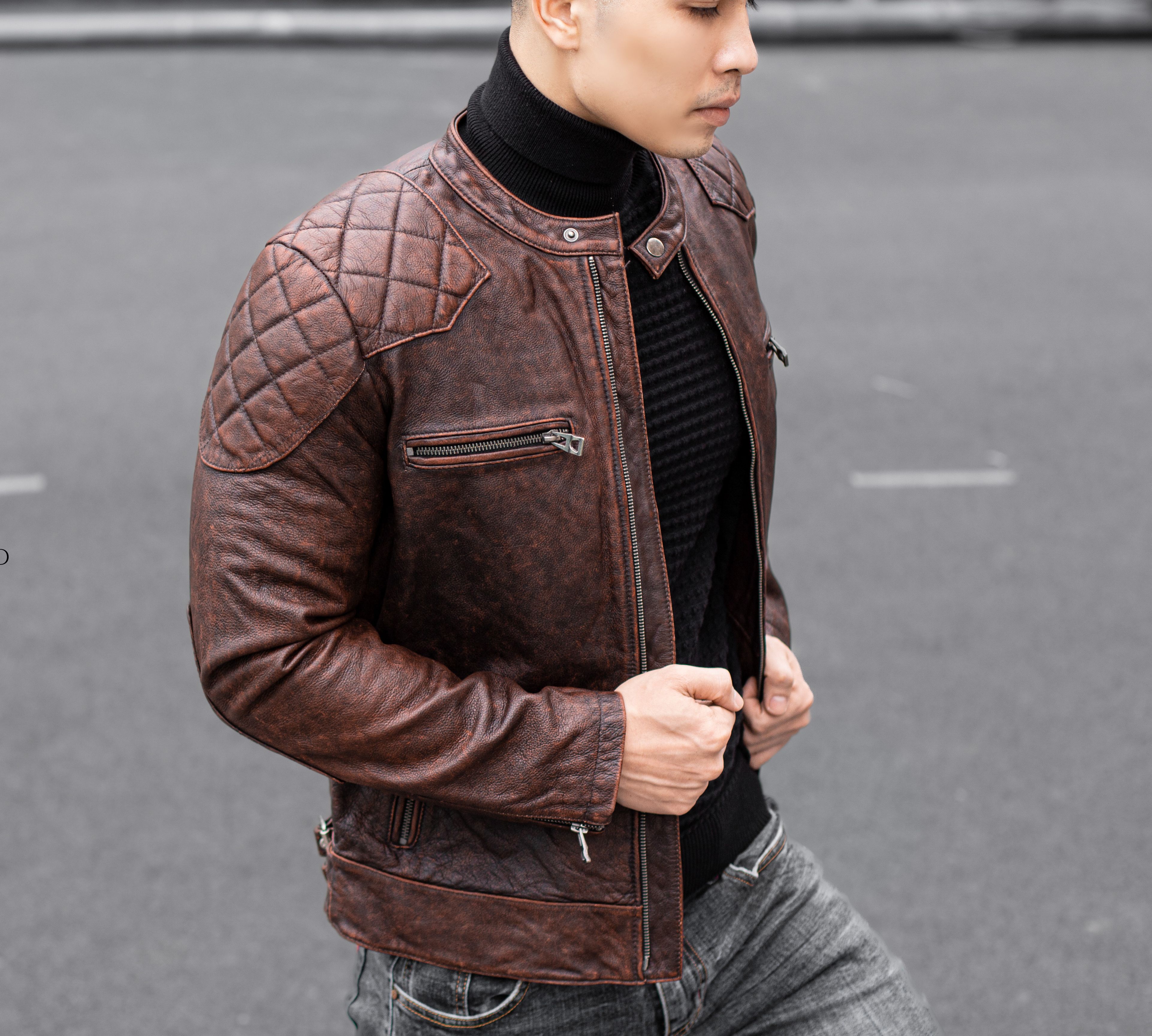 Áo khoác Da nam Thời Trang, Áo Jacket da bò cao cấp-Beckham cùng phong cách cổ đứng cổ ngắn phong cách Biker