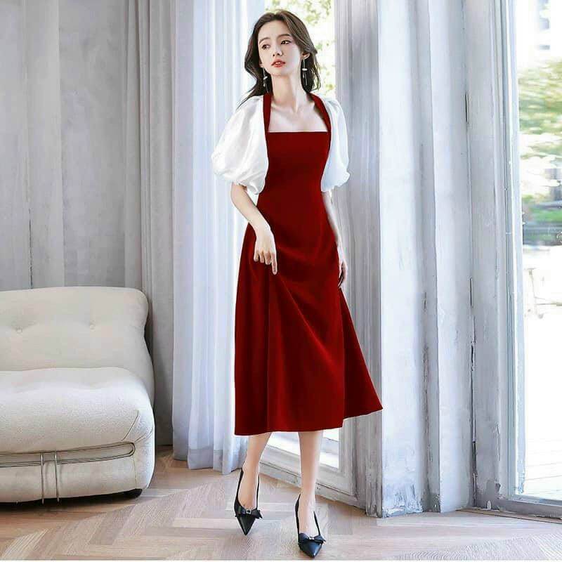 Đầm nữ nhung tay phồng xòe dài phối voan thời trang HARI