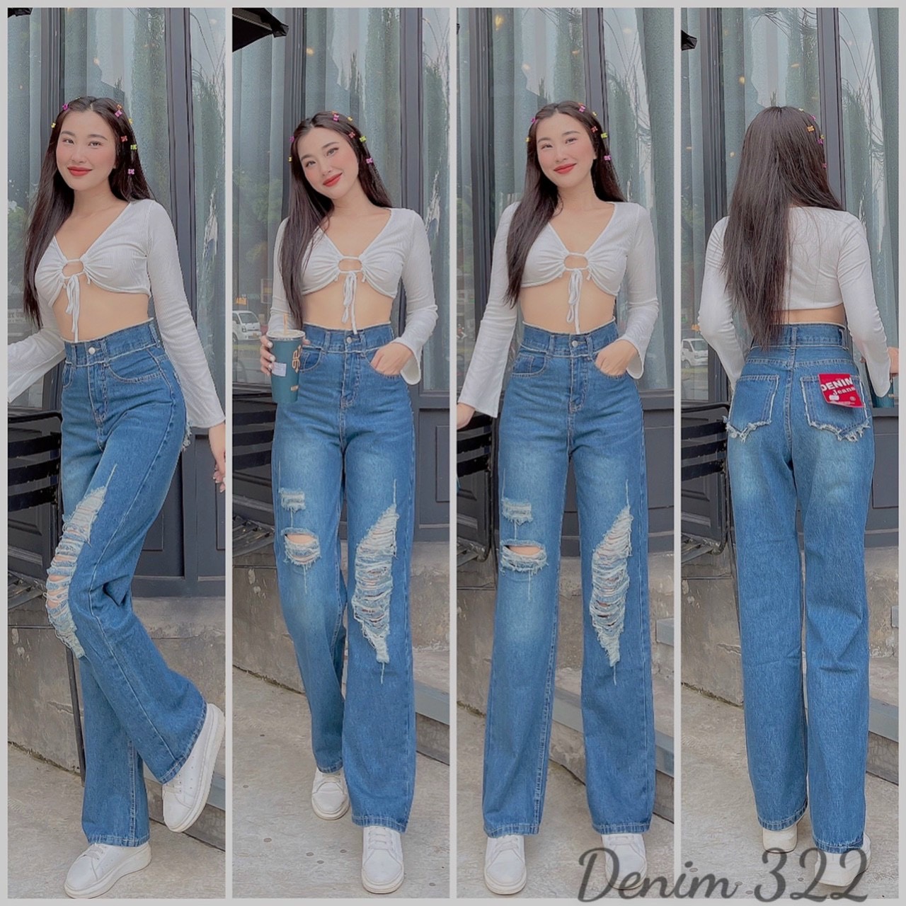 Quần jeans nữ ống rộng rách phối lưng cao tôn dáng quần bò rách nữ quần nữ rách lưng cao quần kiểu nữ đẹp NGỌC THẢO JEANS