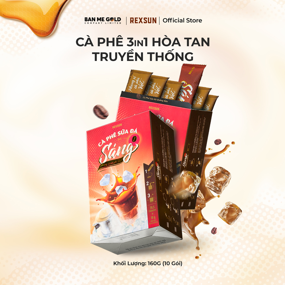 CÀ PHÊ SỮA ĐÁ 3IN1 TIỆN LỢI VỊ TRUYỀN THỐNG - SÁNG - HỘP 216G (12 GÓI) - CAFE HÒA TAN SỮA ĐÁ BAN ME GOLD - REXSUN