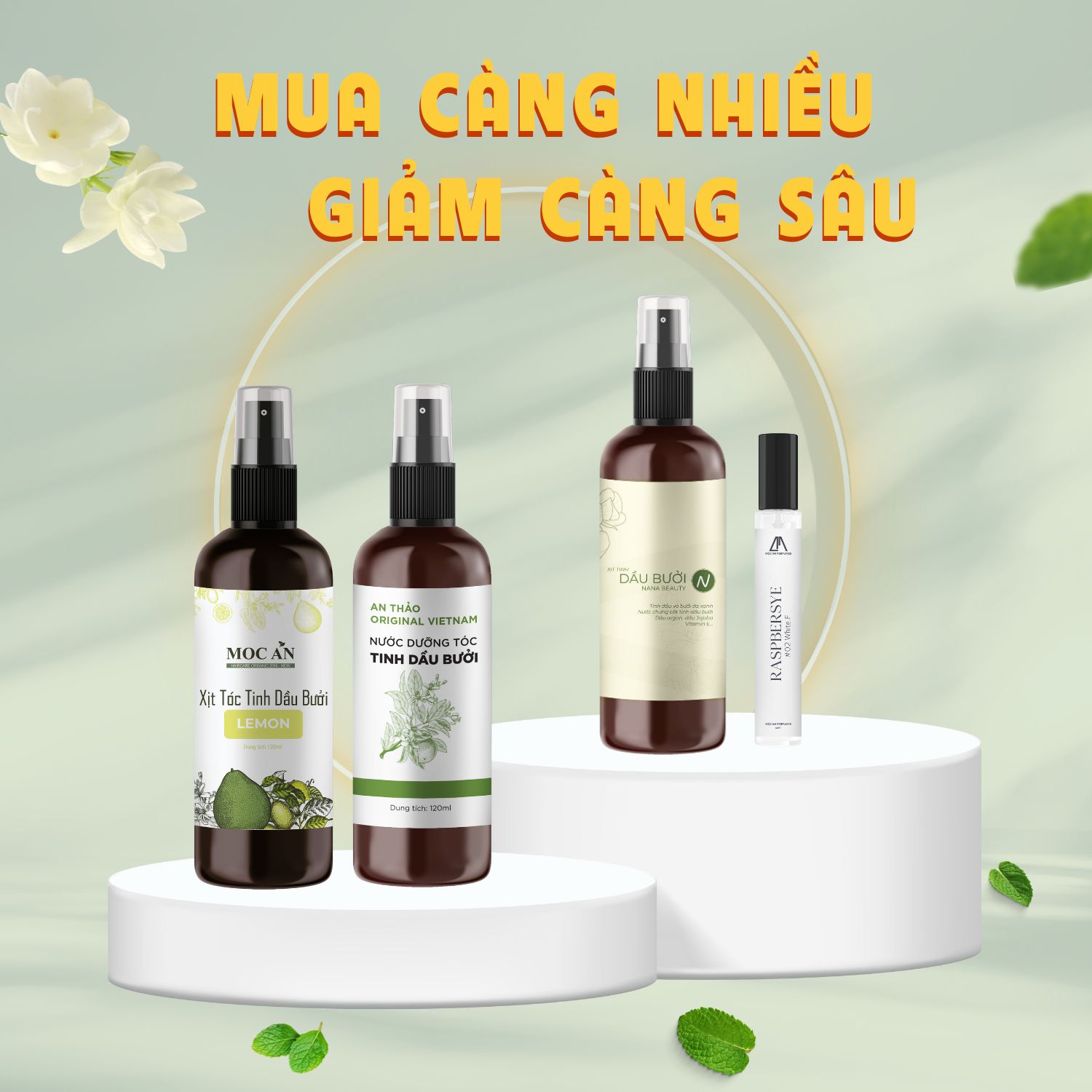 Combo xịt tinh dầu bưởi da xanh an thảo 120ml & xịt tinh dầu bưởi chanh tươi mộc ân haircare 120ml & xịt tinh dầu bưởi nana beauty 120ml & nước hoa nữ raspbersye 10ml mộc ân perfume dưỡng tóc chăm sóc tóc