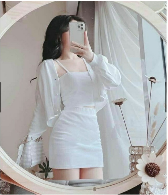 Set 3 món Váy body áo 2 dây croptop kèm cadigan dài tay đầm dáng ôm màu trắng kèm hình thật