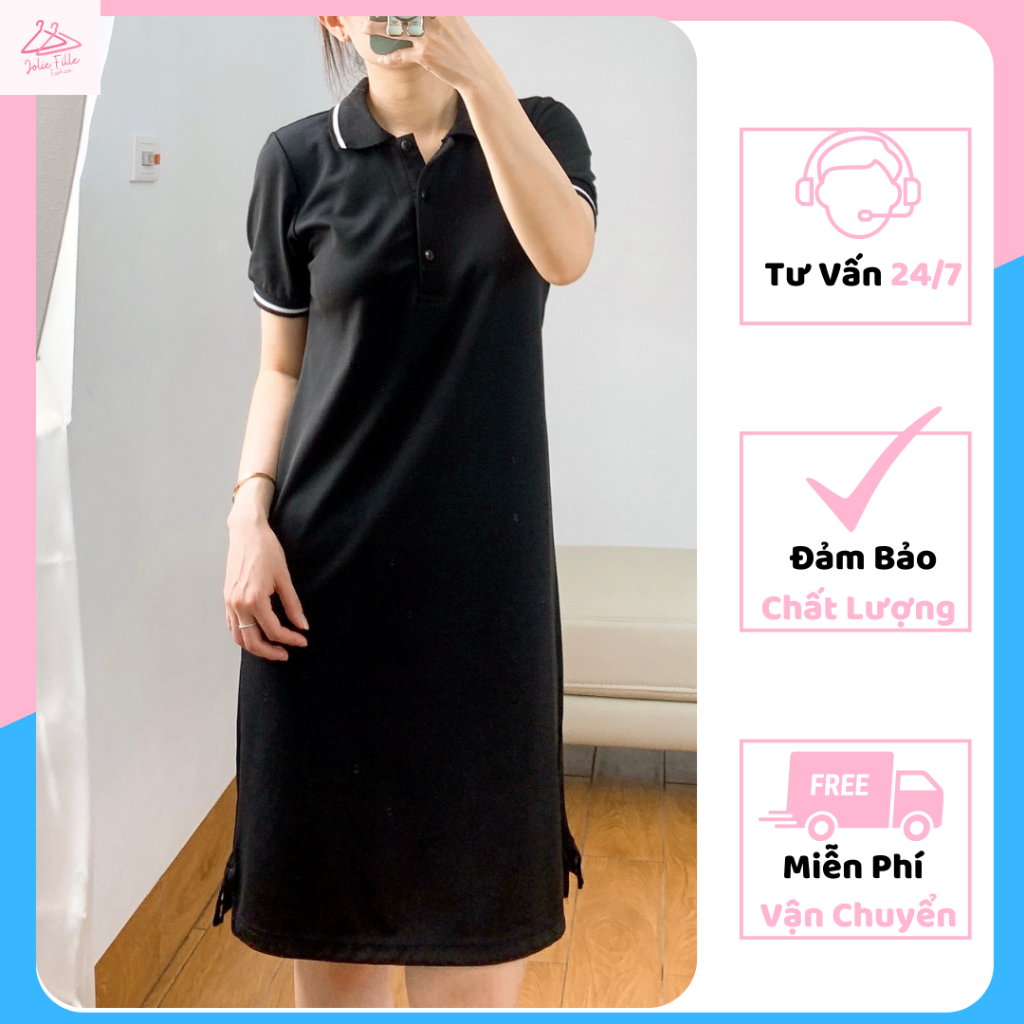 Đầm nữ polo jolie, váy thun cổ bẻ kiểu dáng trẻ trυng có 2 màu đen, xanh