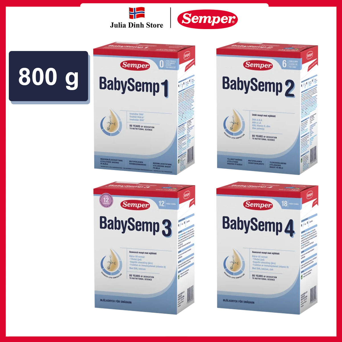 Sữa bột Semper Thụy Điển Baby Semp số 1, 2, 3, 4 - hộp 800g 