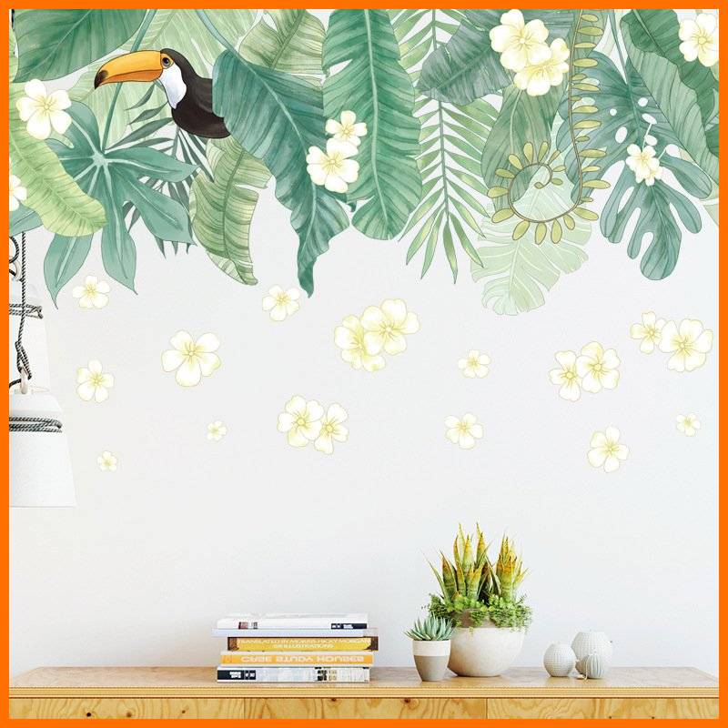 Decal dán tường decor tán lá xanh hoa trắng mẫu hàn quốc trang trí phòng khách phòng ngủ