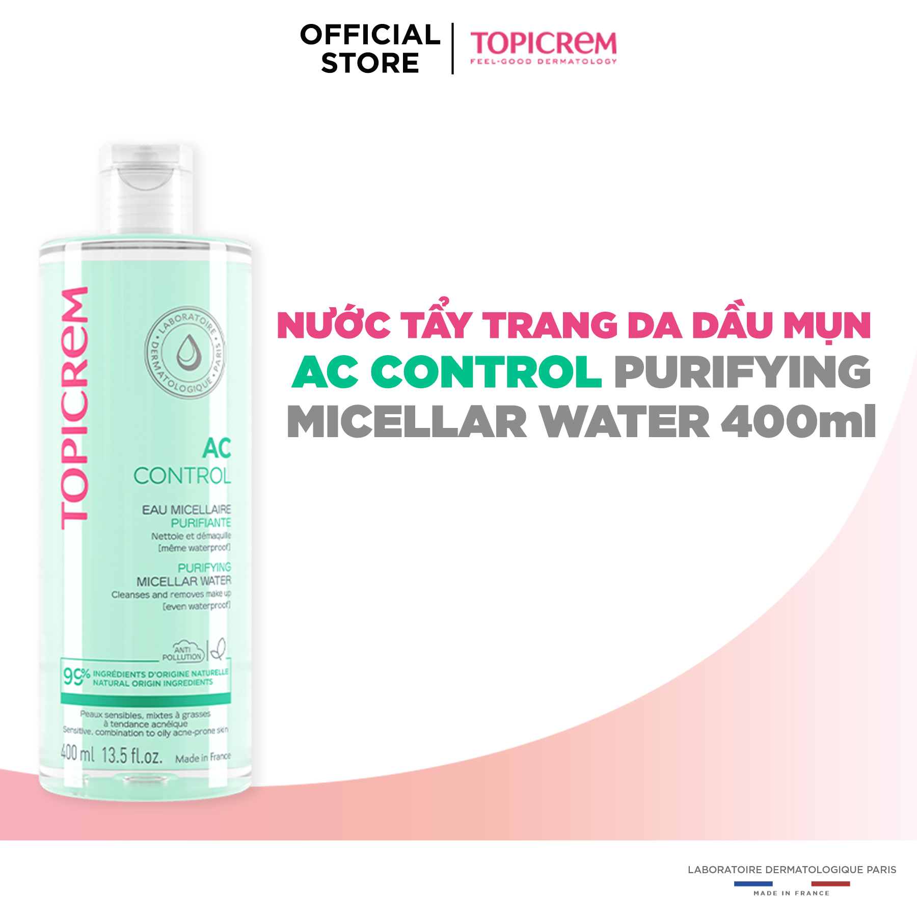 Nước tẩy trang dành cho da dầu mụn TOPICREM AC PURIFYING MICELLAR WATER 400ml