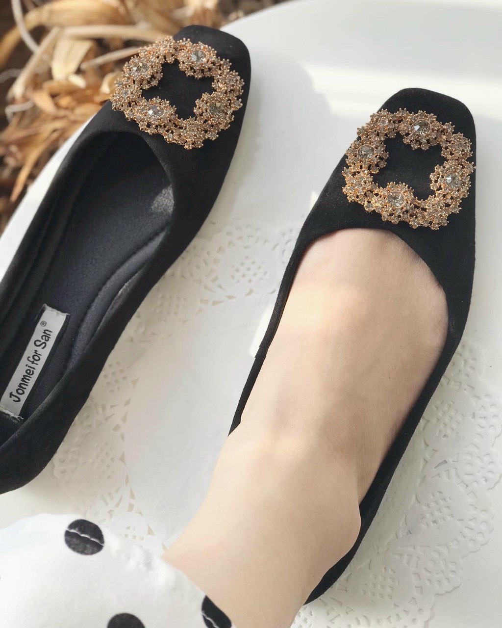 Giày nữ giày bệt nơ đá vuông da lộn mẫu mới