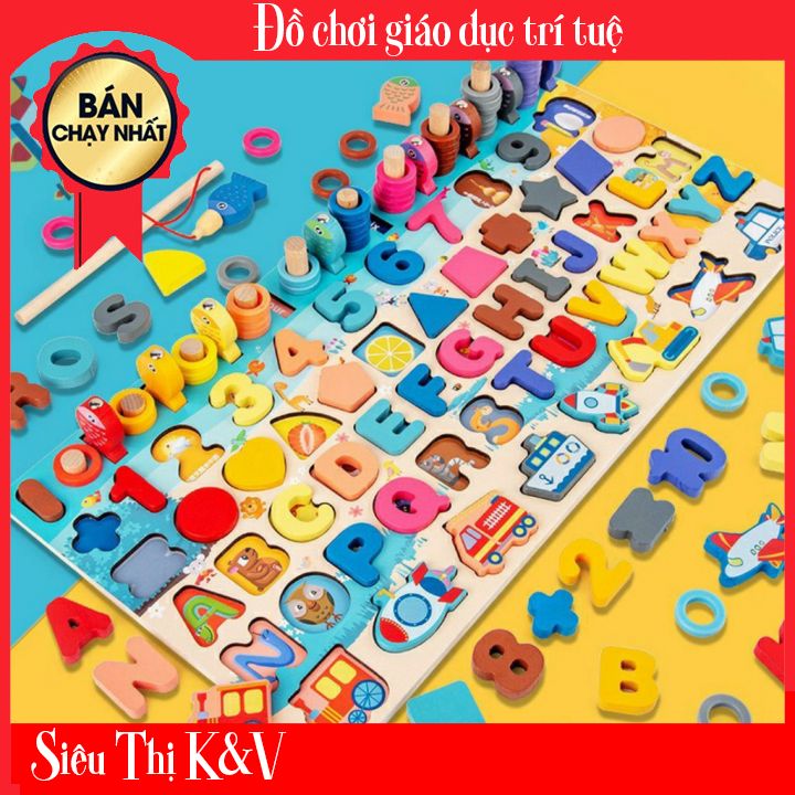 Bộ bảng gỗ câu cá và ghép hình khối nổi 6in1 cho bé kv09