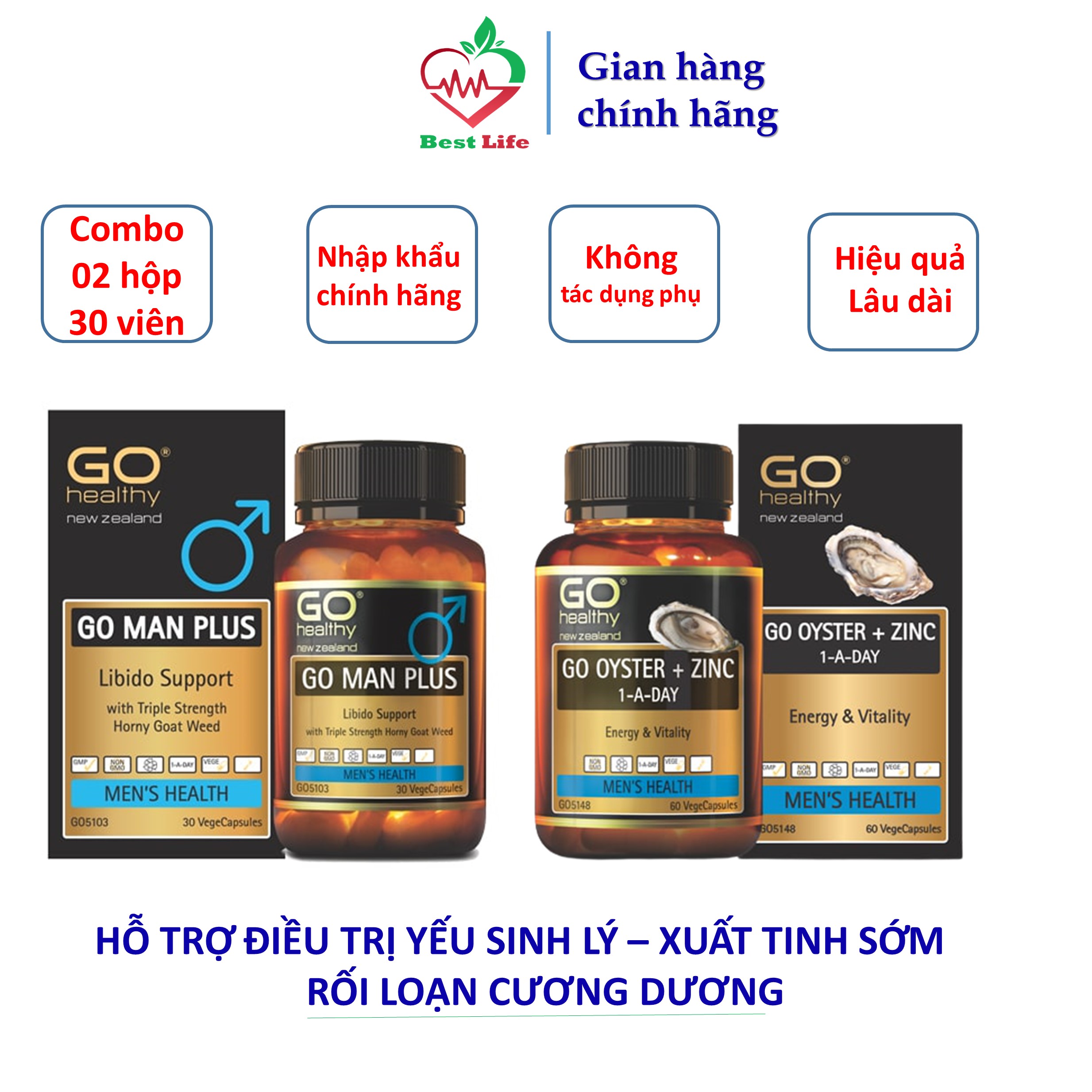 Combo tinh chất hàu go healthy oyster + zinc và go man plus hỗ trợ điều trị yếu sinh lý xuất tinh sớm hộp 30 viên