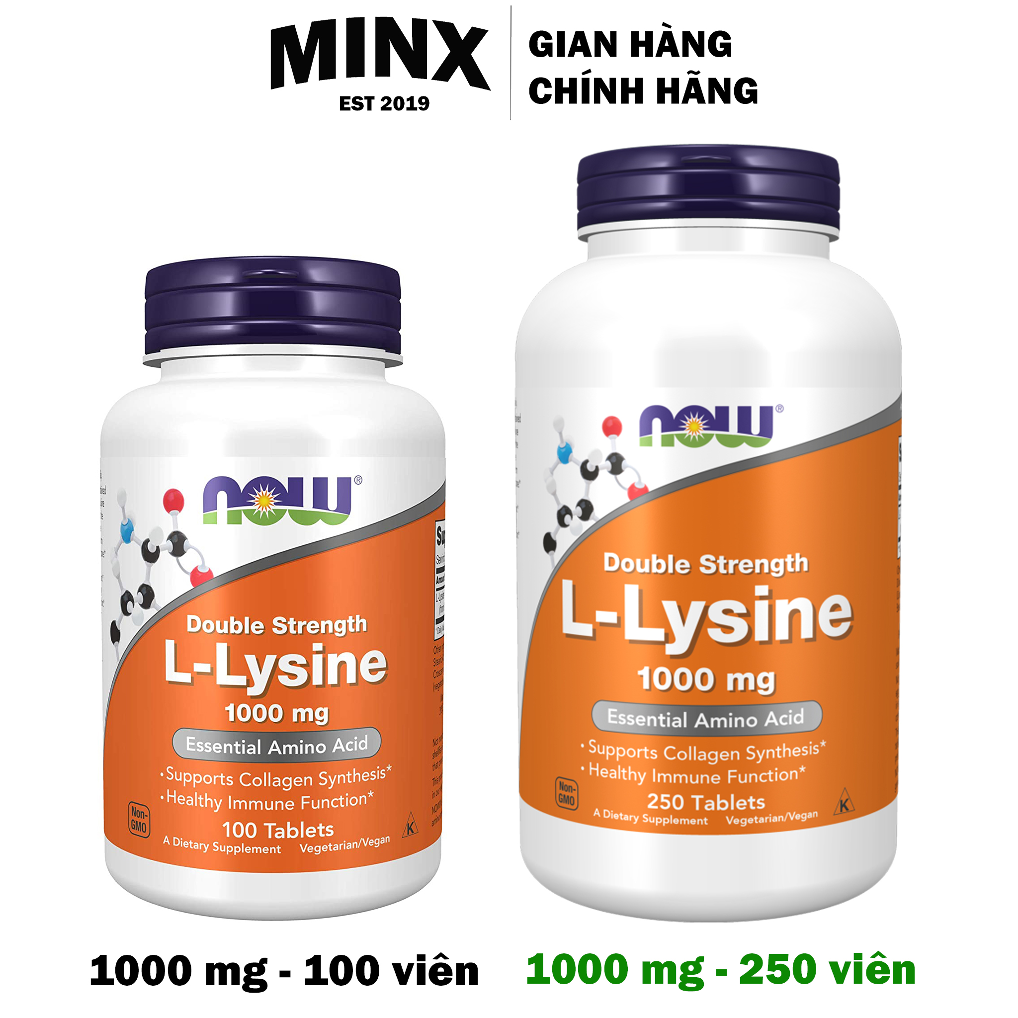 L Lysine Now 1000mg 100 viên - Viên Uống Now L-Lysine 1000mg 250 viên - Now Double Strength llysine - Bổ Sung Amino Axit Điều Hòa Nội Tiết - MINX Store